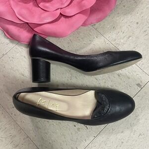 FS/NY FRENCH SOLE Sz 9 Black‎ Leather Round Toe Block Heel Pumps Academia Career